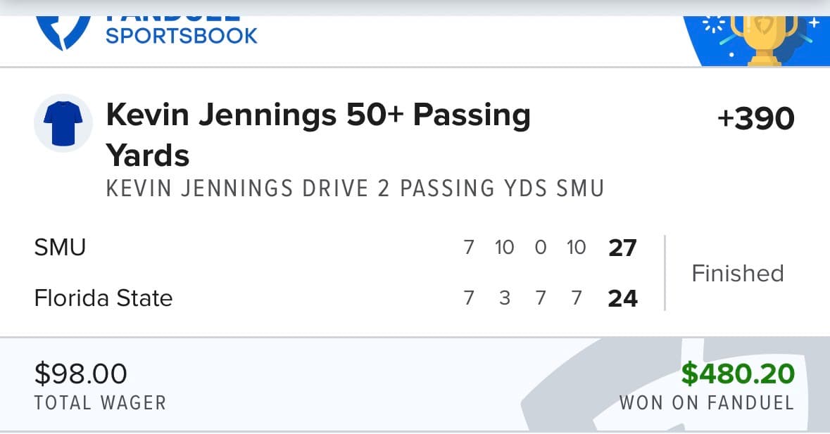 FanDuel winning bet โ Kevin Jennings 50+ passing yards +390, $98 returned $480.20