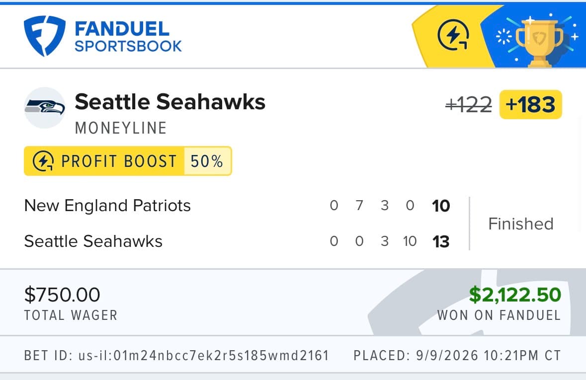 FanDuel winning bet โ Seattle Seahawks moneyline +183, $750 returned $2,122.50